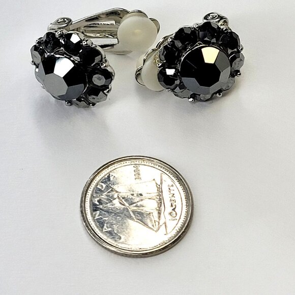 Black Crystal Clip Ons Small Earrings, Small Clip On Earrings - Picture 3 of 5